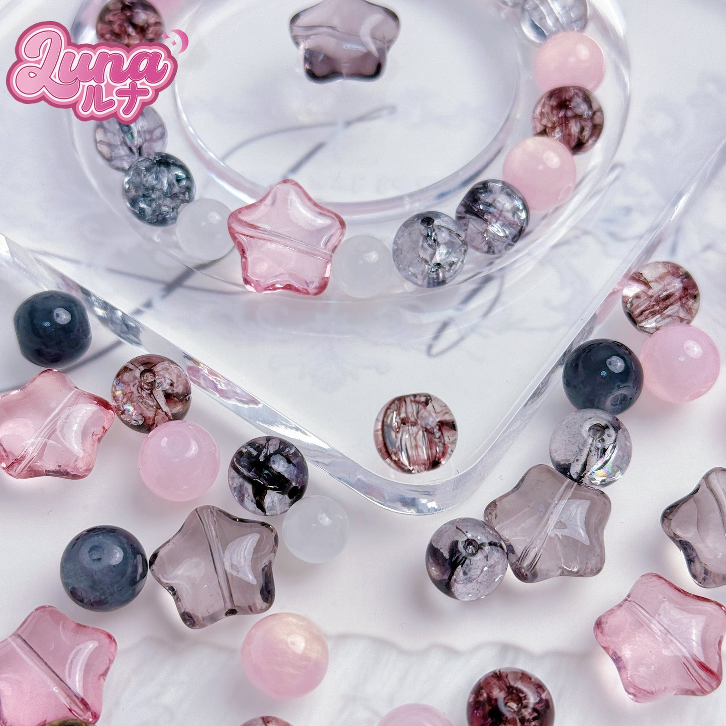 新作『B169』 グレー×ピンクの夢色ビーズ 高品質琉璃 高品質樹脂パーツsize:8mm,10mm,12mm